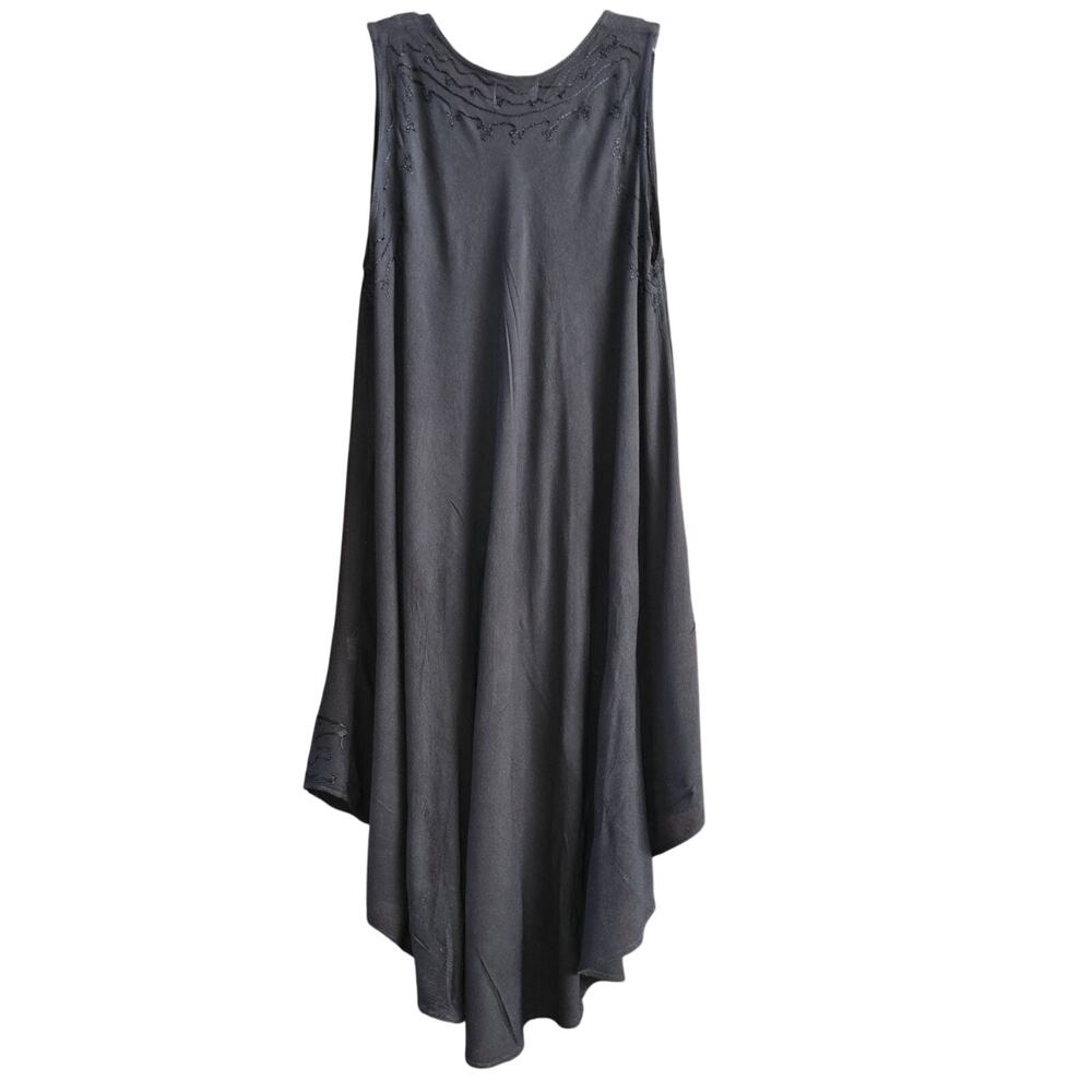 Embroidered Beach Sun Dress Black Rayon Uneven Hem Size L Groovy Bay - Picture 2 of 5